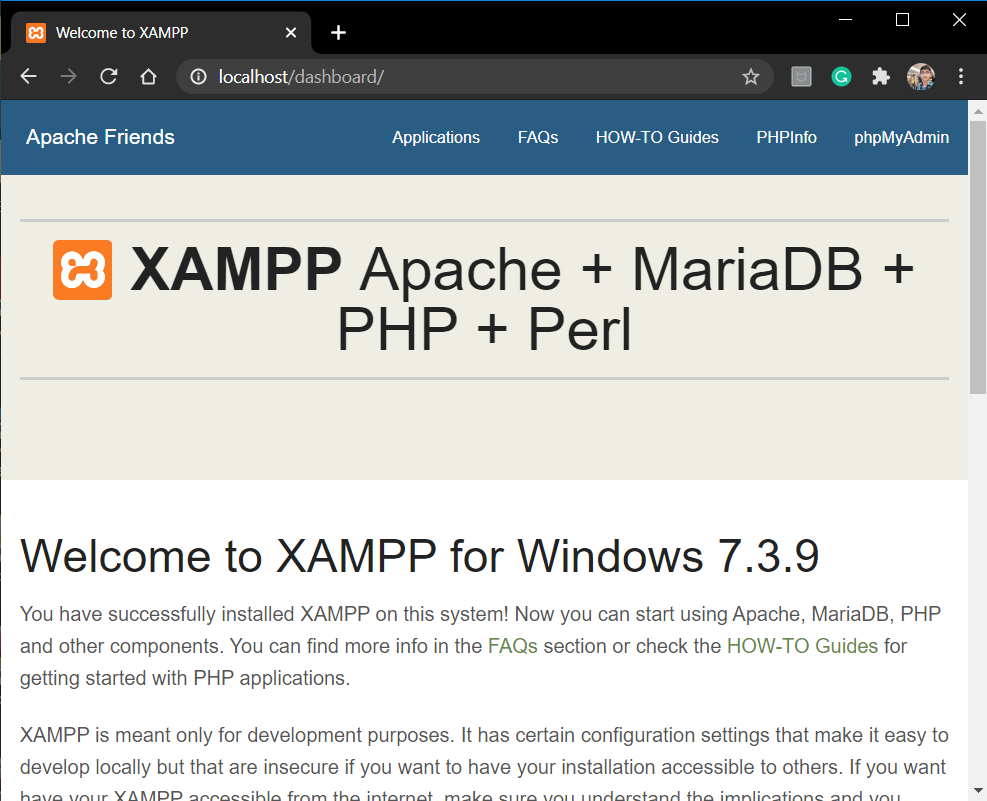 Flask MySQL: Xampp home page