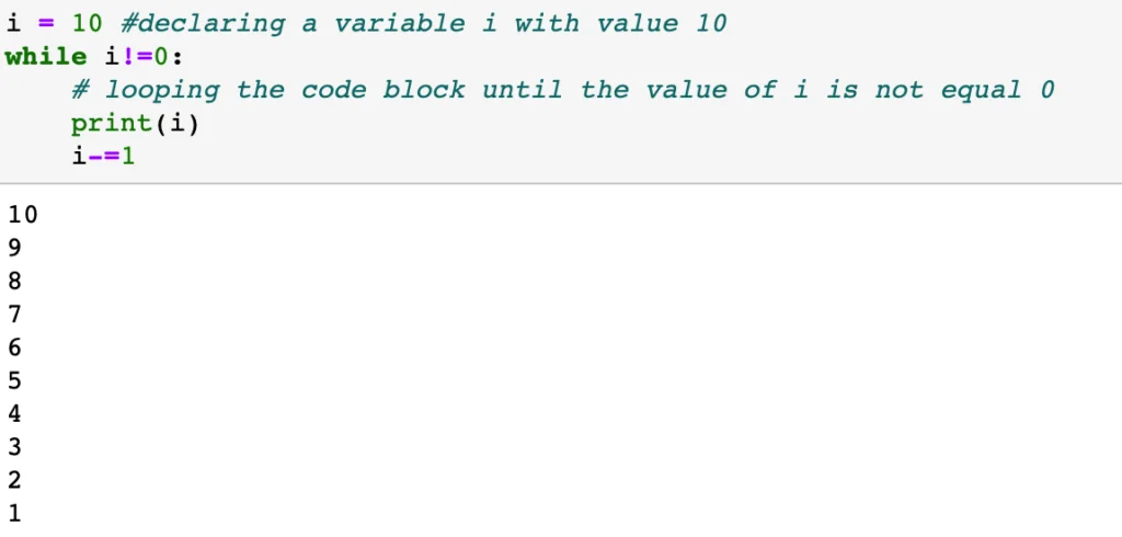 Código e saída para um programa de loop while simples