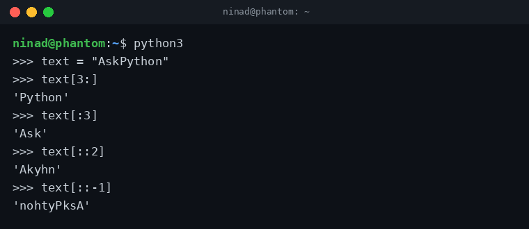 Python REPL demonstrating string slicing with colon syntax