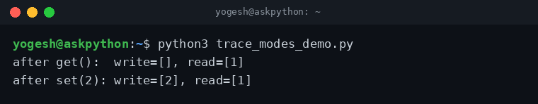 Terminal showing trace modes: read fires on get(), write fires on set()