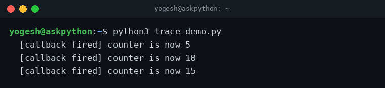 Terminal showing trace_add write callback firing three times on consecutive set() calls