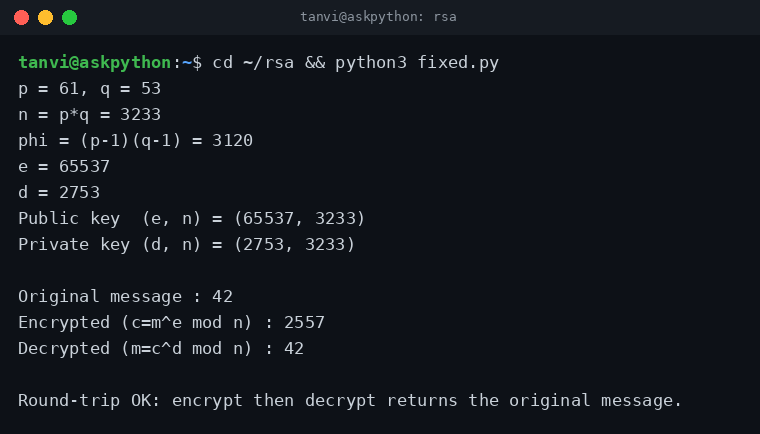 Terminal output of a working RSA keygen and round-trip with p=61, q=53