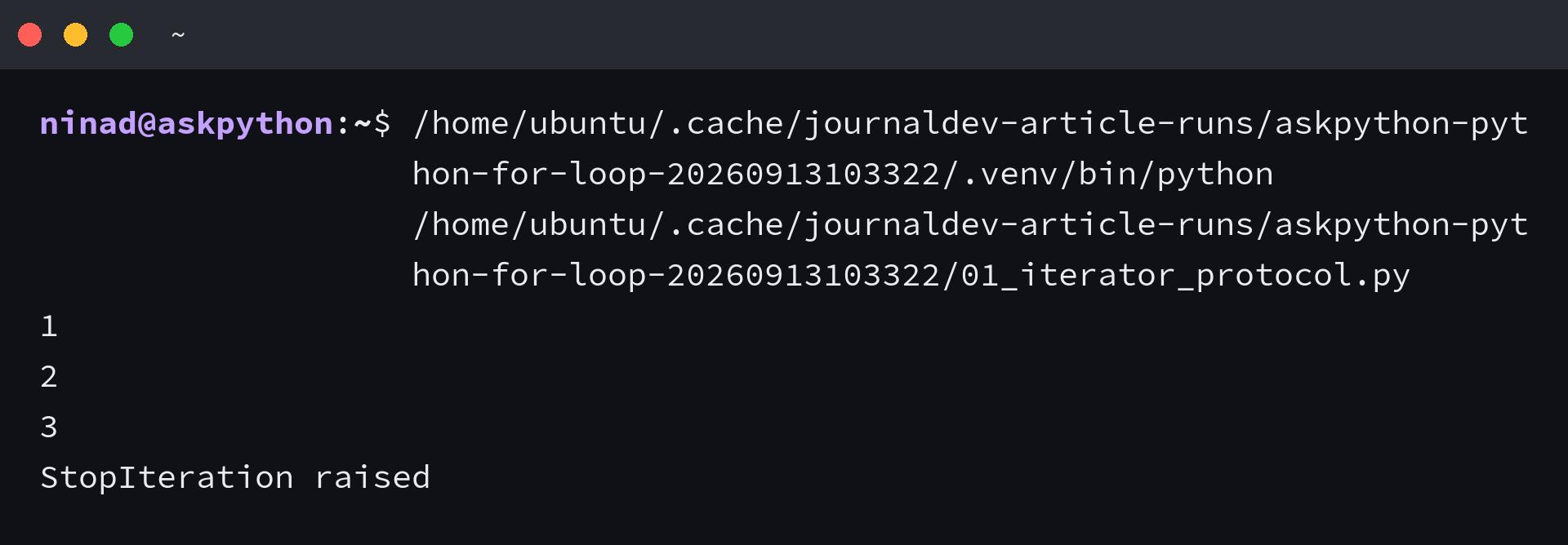 Python iterator protocol next() calls showing StopIteration