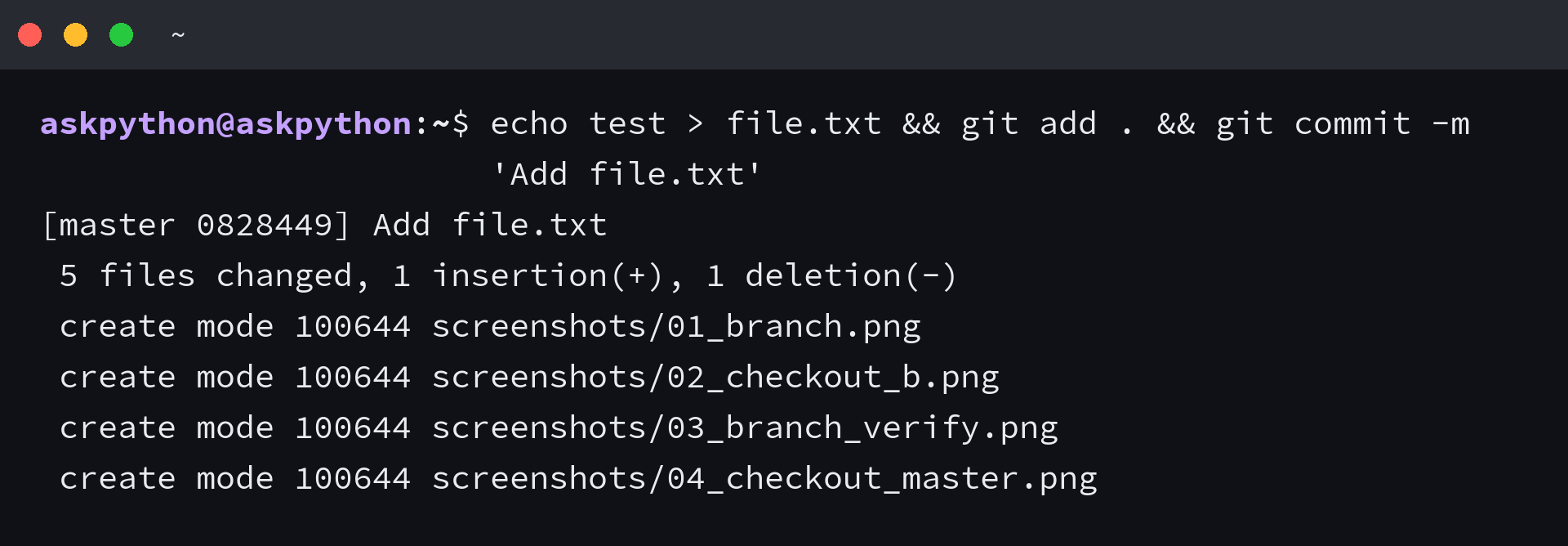 Terminal showing git add and git commit commands creating a new commit