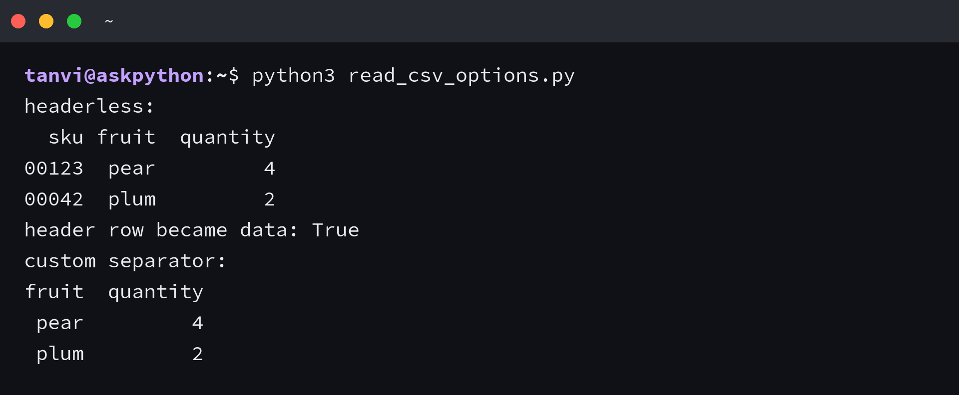 Executed pandas output showing a headerless CSV retains its first record and a pipe-delimited CSV splits into fruit and quantity columns