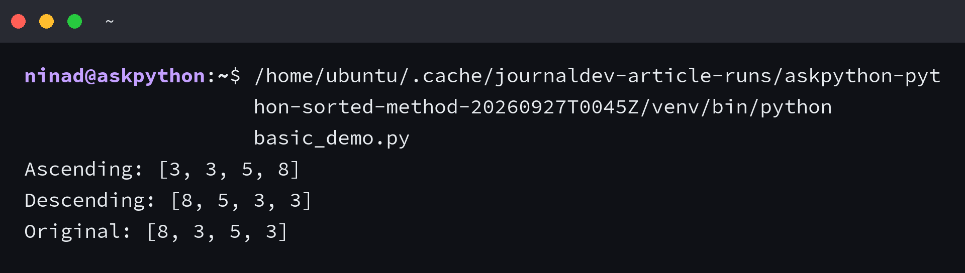 Python terminal output for sorted() showing ascending and descending lists while the original list stays in its input order