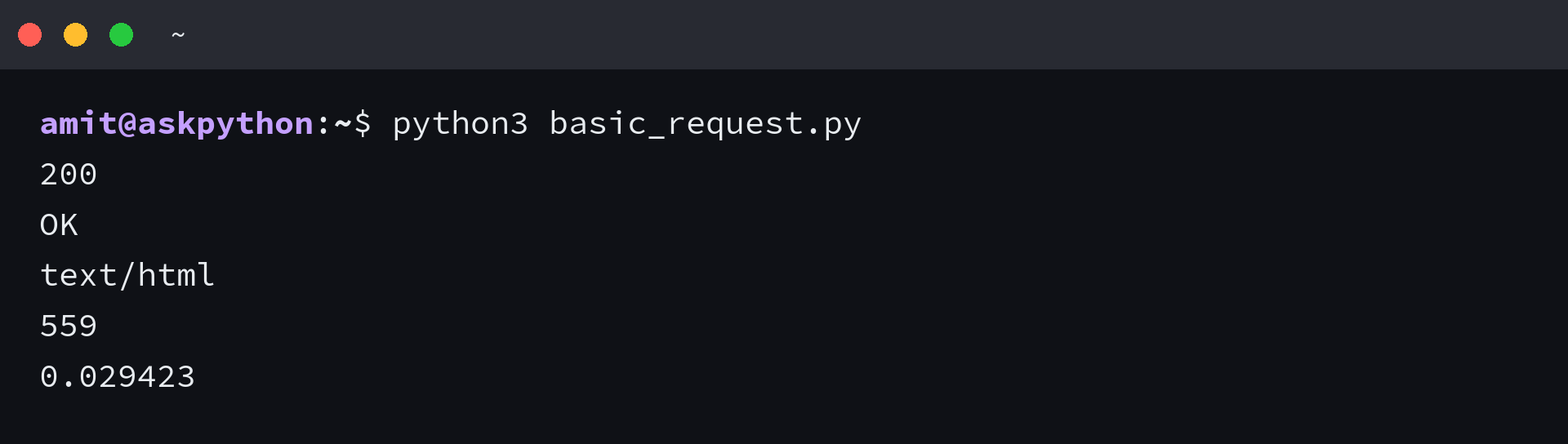 Terminal running python3 basic_request.py against example.com, printing status 200, reason OK, the content type, the body length and the elapsed time