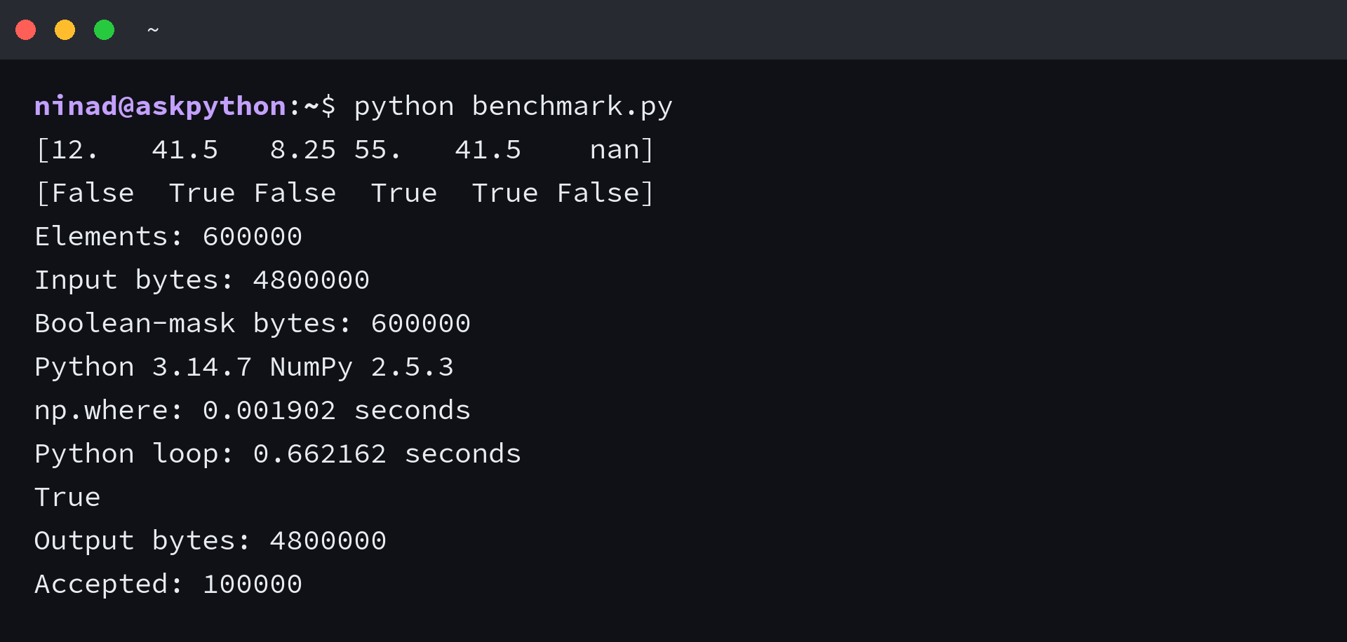 A separate timing run of the same cleanup, including the equality check and array buffer sizes. Timing varies between runs. Command: python benchmark.py.