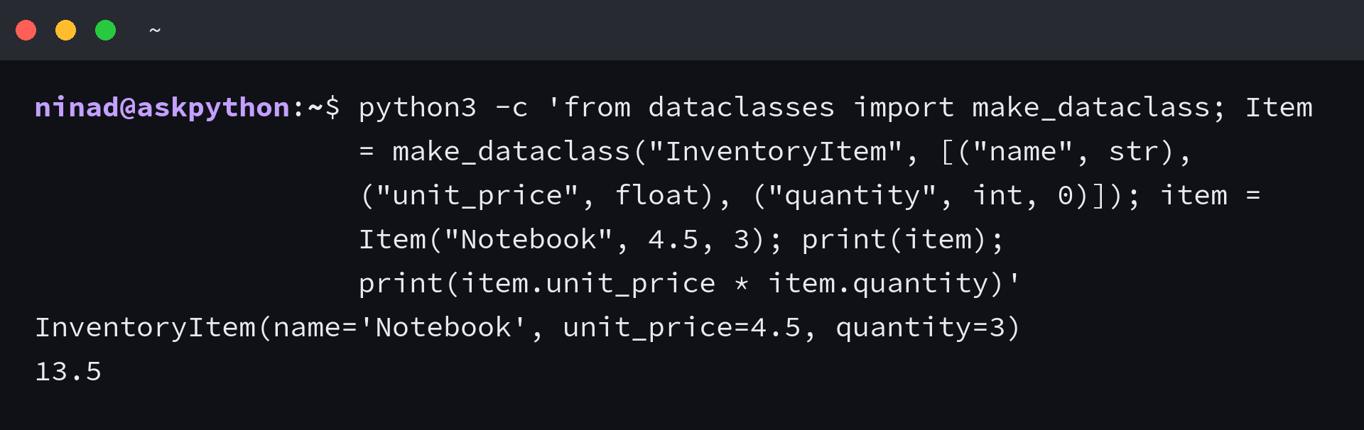 Python dataclass showing a generated InventoryItem representation and calculated total