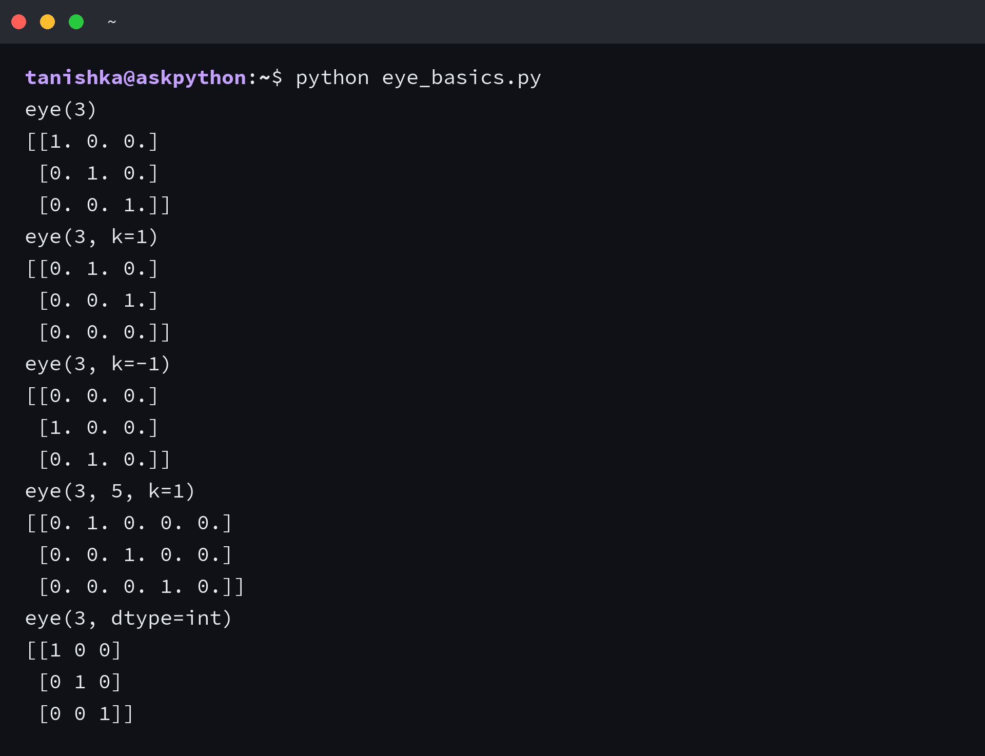 Terminal output showing np.eye results for the main diagonal, a positive offset, a negative offset, a rectangular shape and an integer dtype