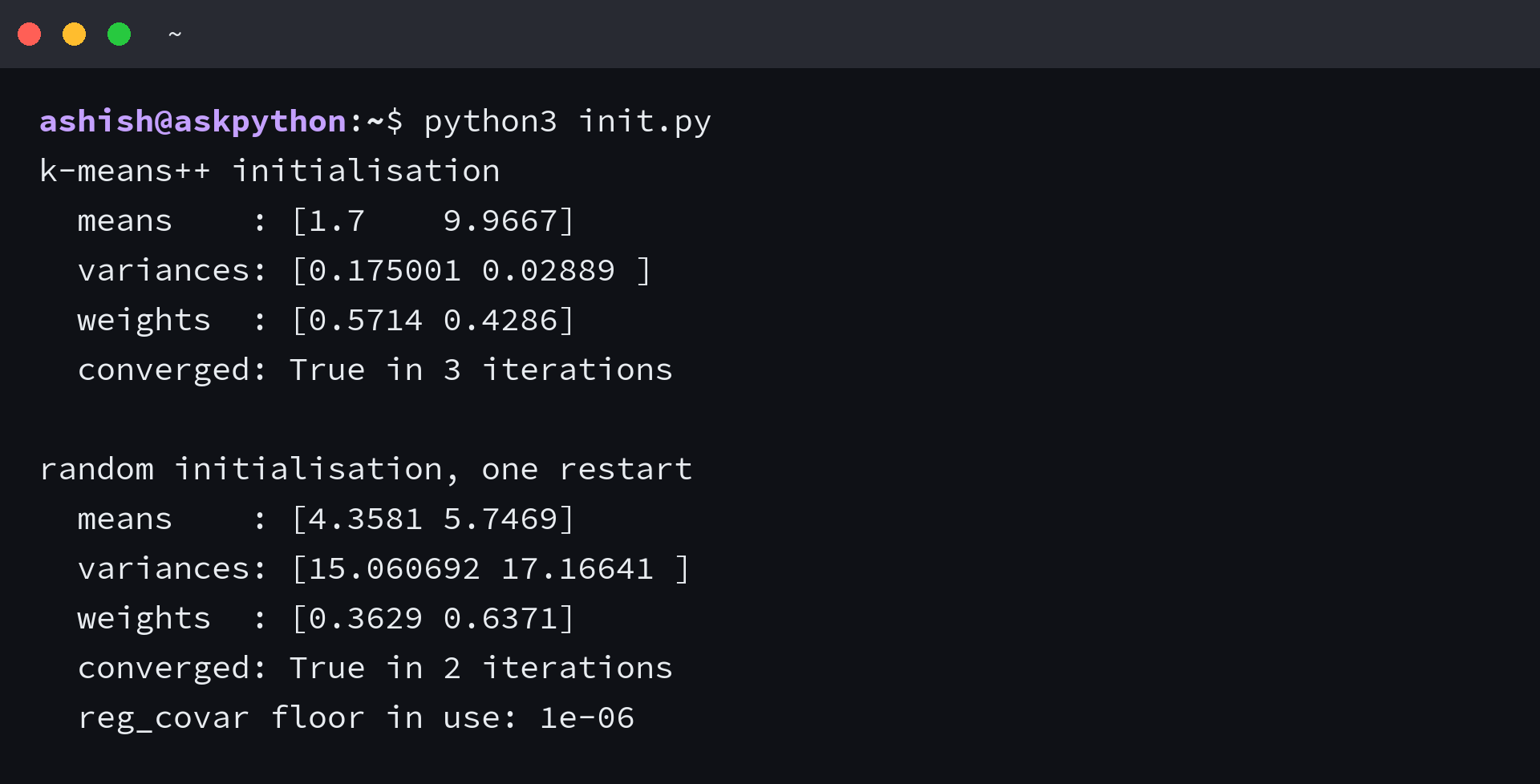 Terminal output from python3 init.py comparing a k-means++ initialisation that converged in three iterations with a random single-restart initialisation that converged to a different answer in two