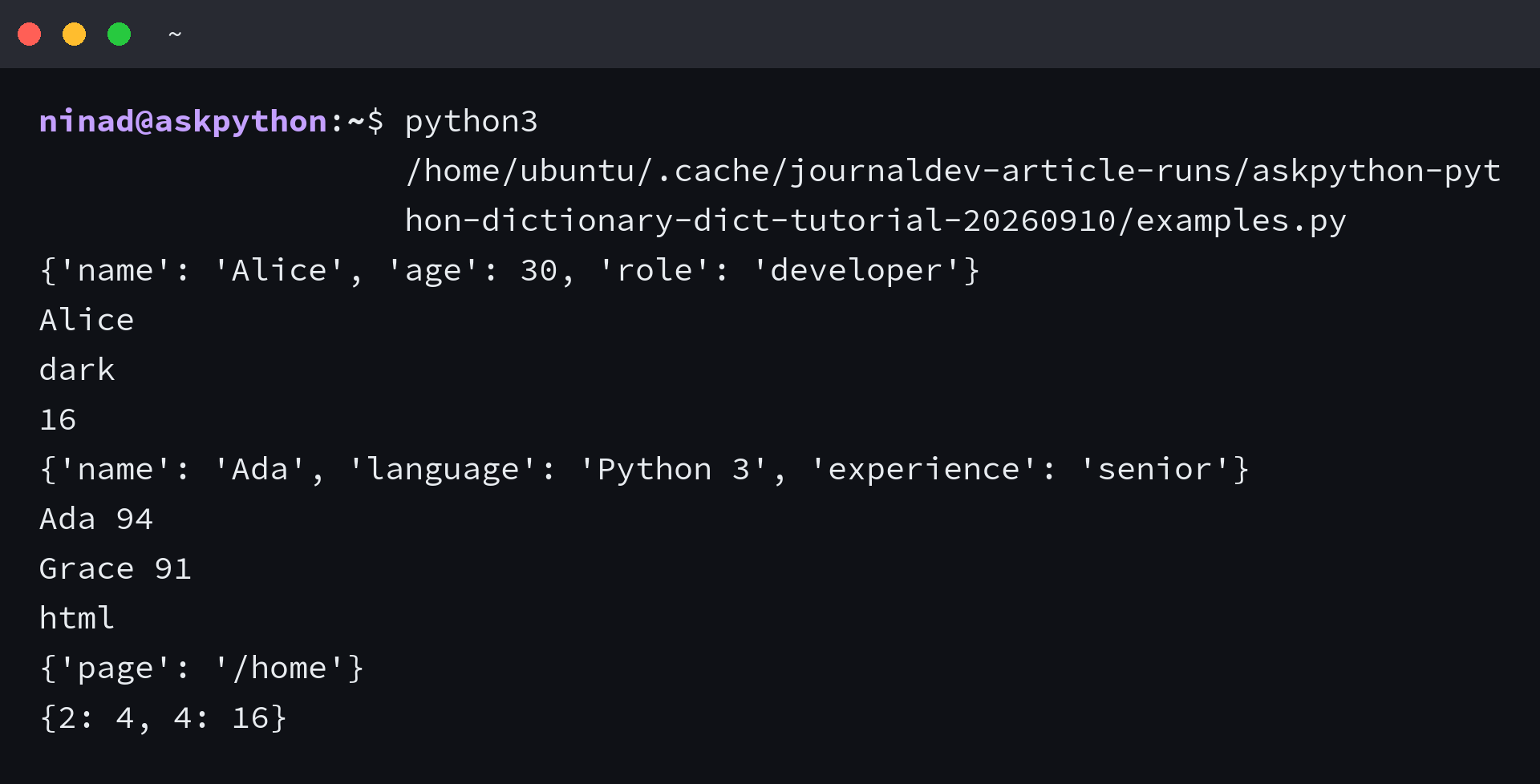 Python dictionary examples in terminal