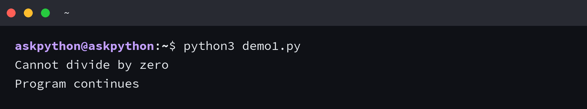 Terminal output for python exception handling example 1