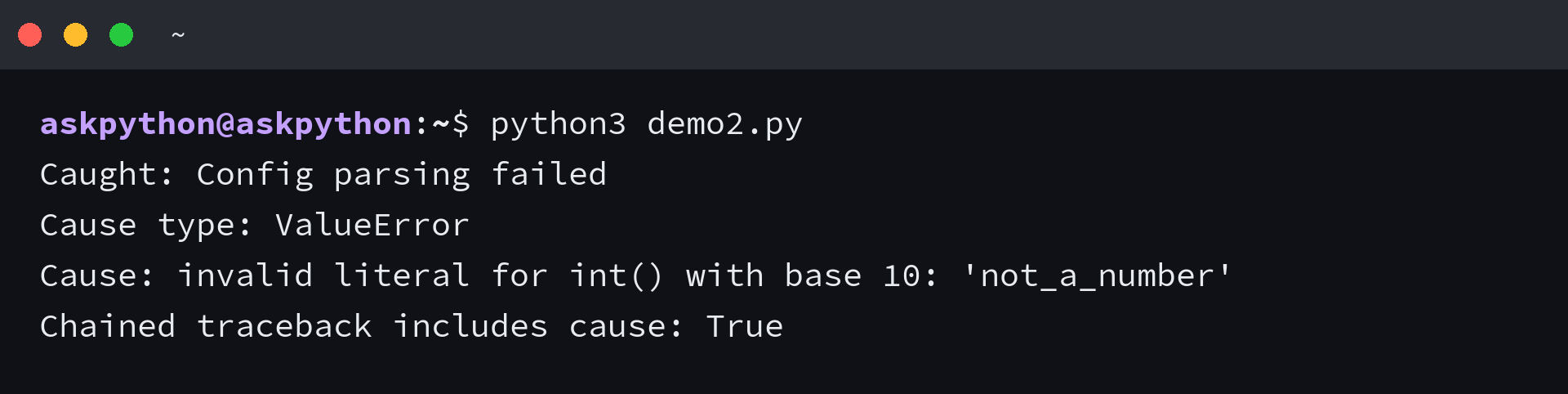Terminal output for python exception handling example 2
