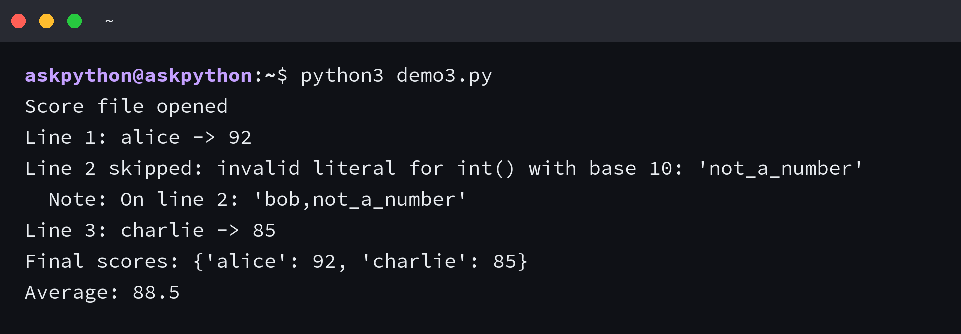 Terminal output for python exception handling example 3