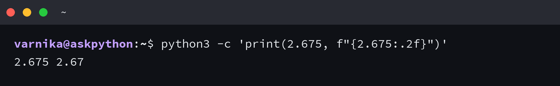 Terminal output shows 2.675 formatted as 2.67 with .2f in Python