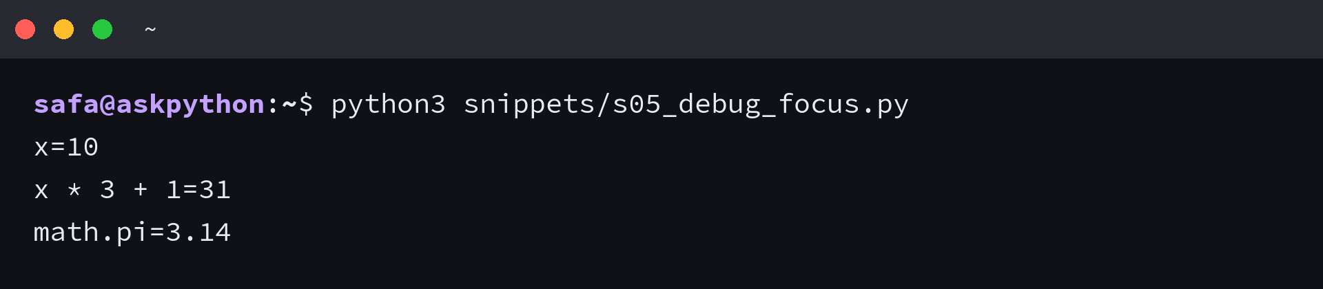 Terminal output of f-string equals-sign debug prints