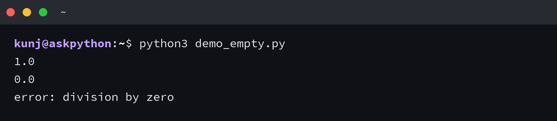 Terminal output showing empty set handling with 1.0 for two empties and ZeroDivisionError without guard