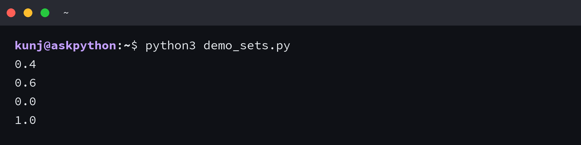Terminal output showing Jaccard similarity 0.4 and distance 0.6 for two sets