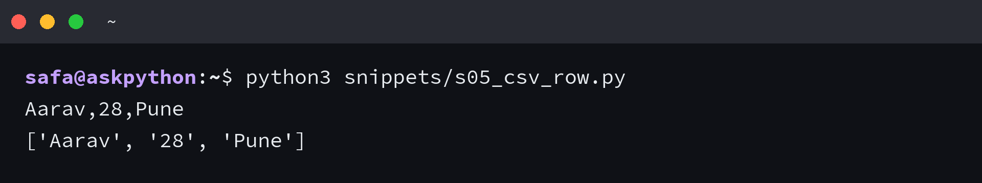 Terminal output of comma-joining a CSV-style row with str.join and splitting it back