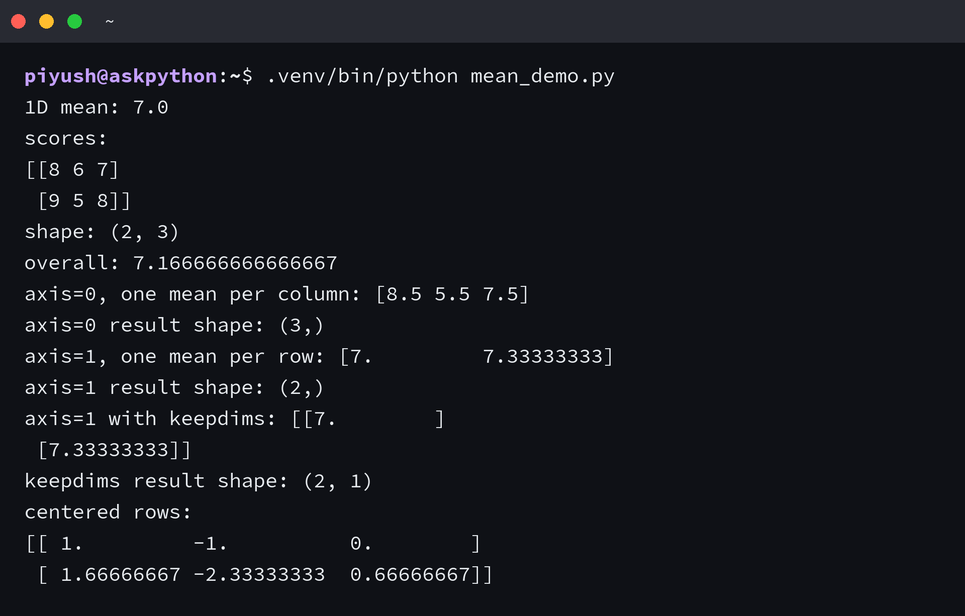 Terminal output showing whole-array, column, and row means with their NumPy result shapes