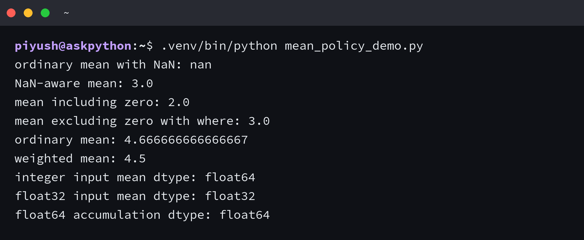 Terminal output comparing NaN handling, zero masks, weighted averages, and NumPy mean dtypes
