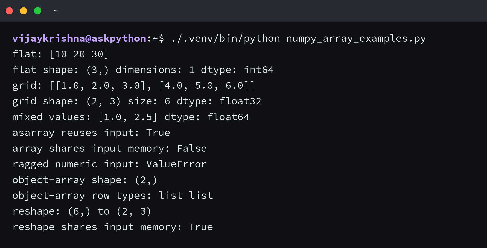 NumPy terminal output showing array shapes, dtypes, copy behavior, a ragged-input error, and reshape memory sharing