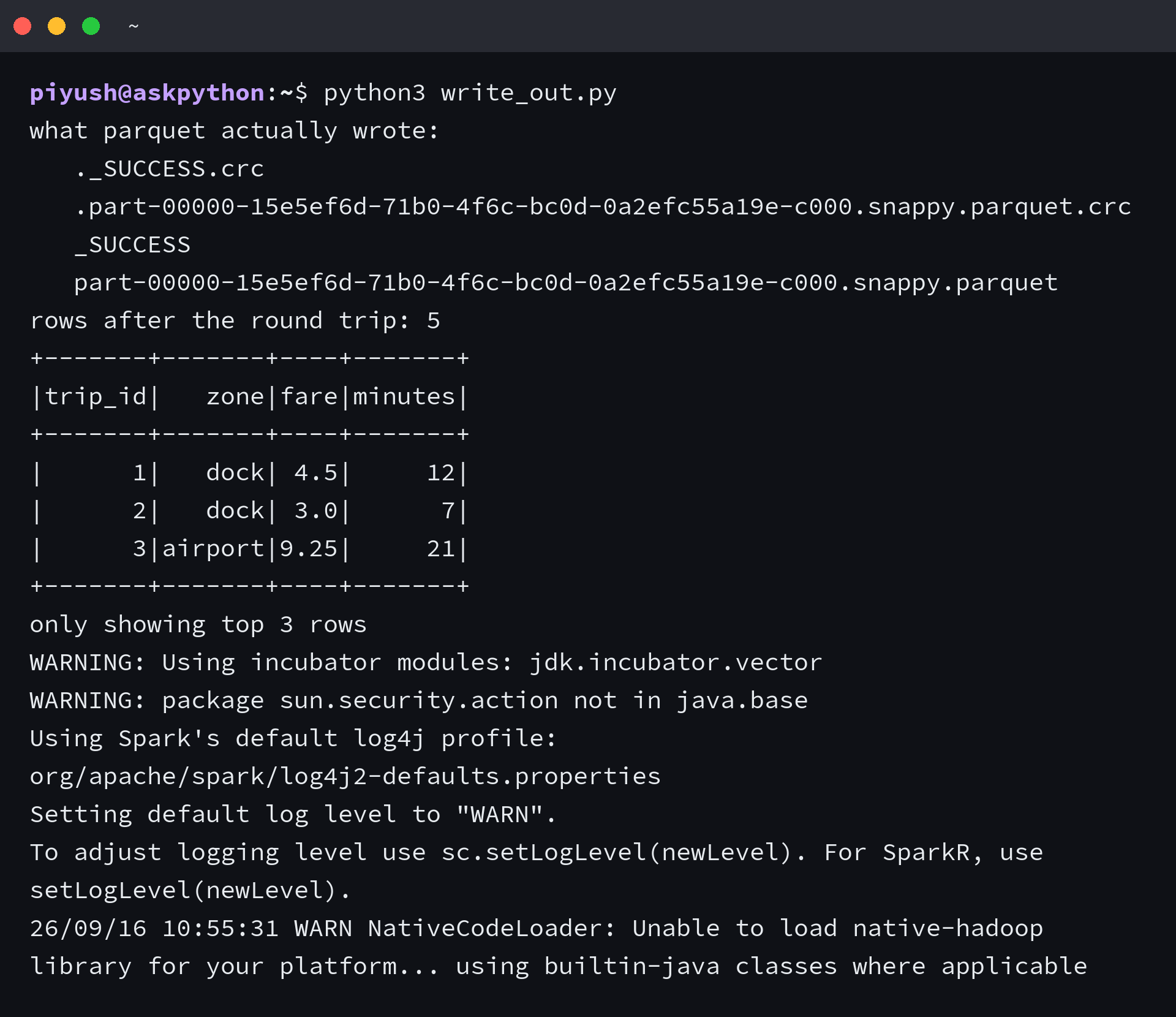 Terminal output from python3 write_out.py listing the four entries a parquet write creates, then the five rows read back from that directory