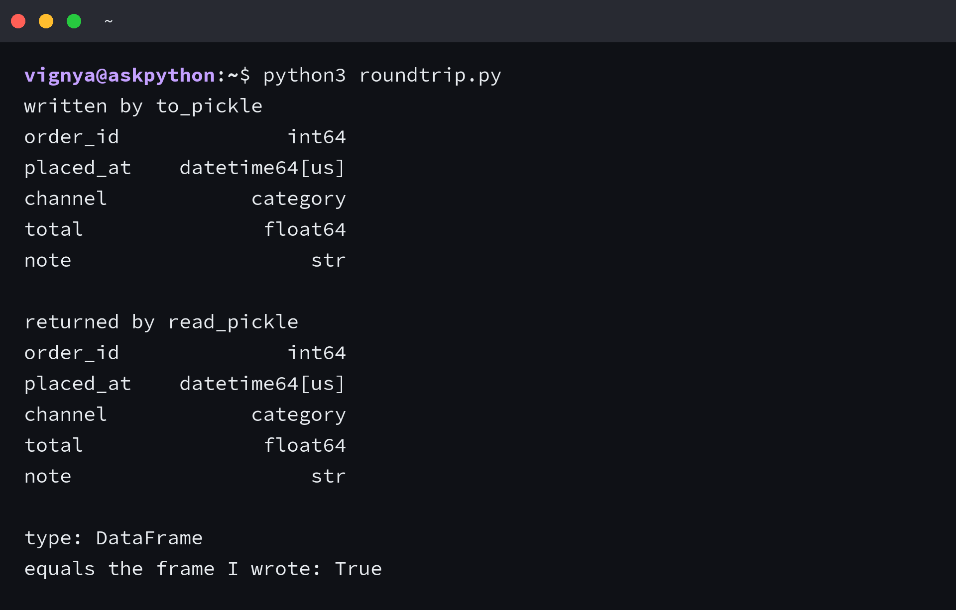 Terminal output from python3 roundtrip.py showing the same five column dtypes before and after a to_pickle and read_pickle round trip, with the reloaded frame reported as equal to the original
