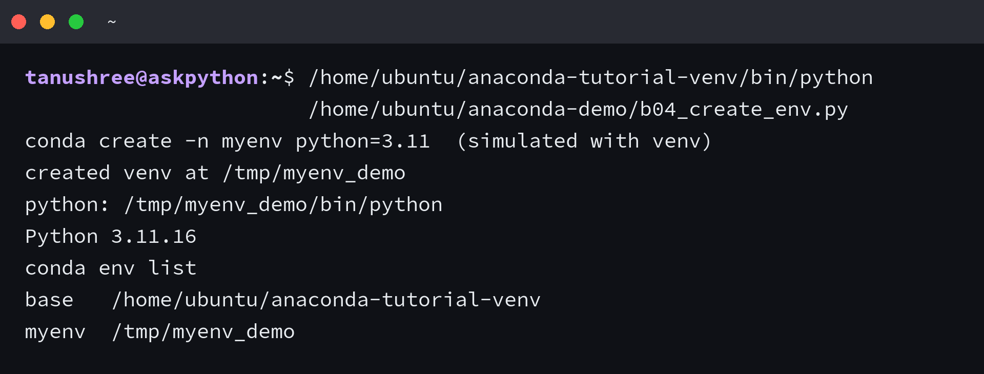 Terminal showing conda version and env list