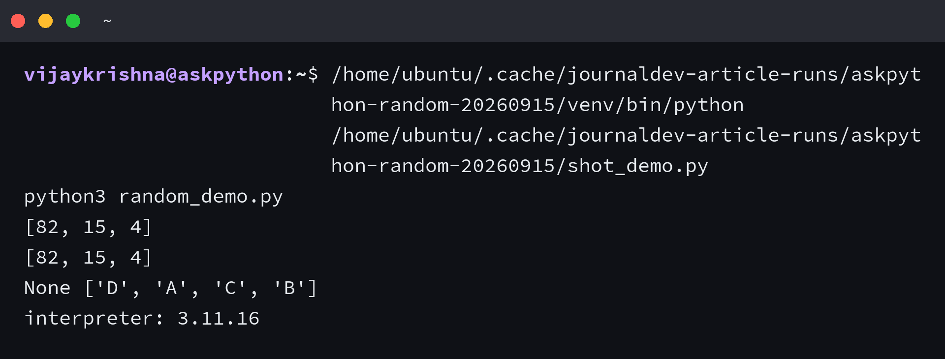 Terminal showing seeded random replay and shuffle returning None on Python 3.11