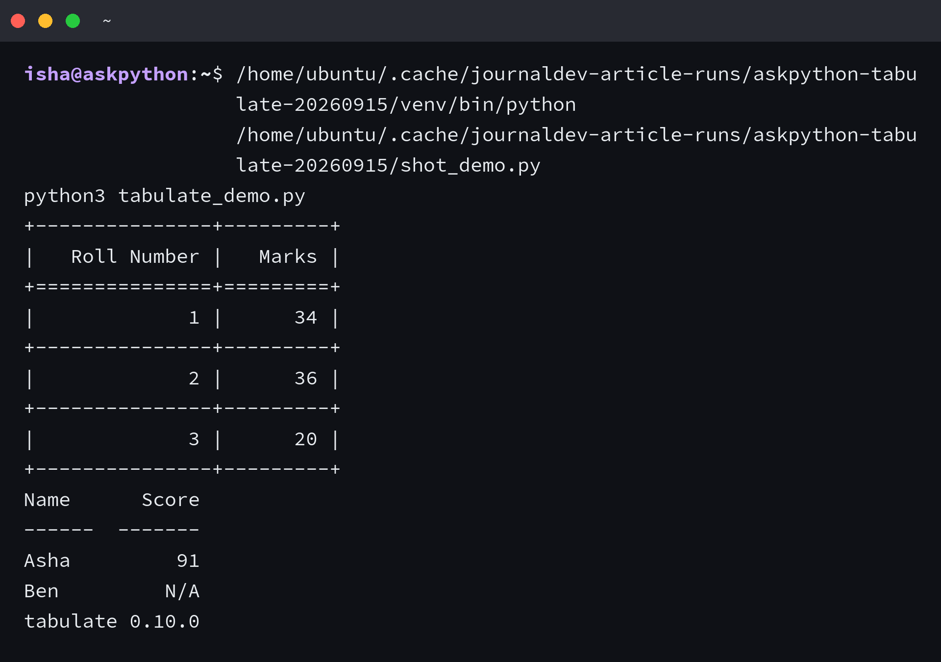 Terminal showing tabulate grid table and missing value placeholder on version 0.10.0