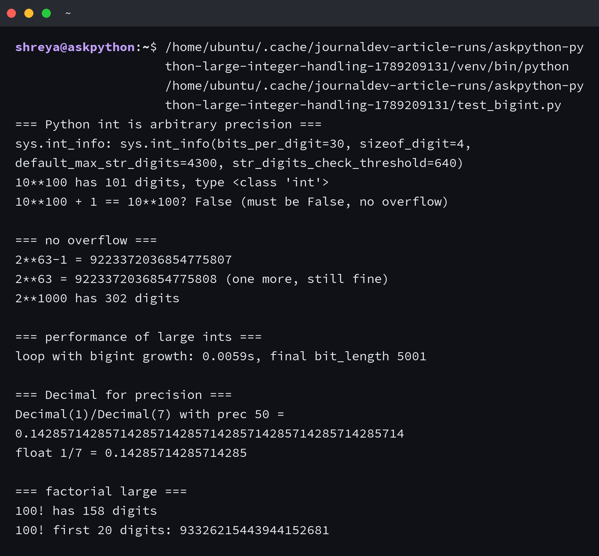 Large integer handling terminal output showing 4300 digit limit and Decimal precision