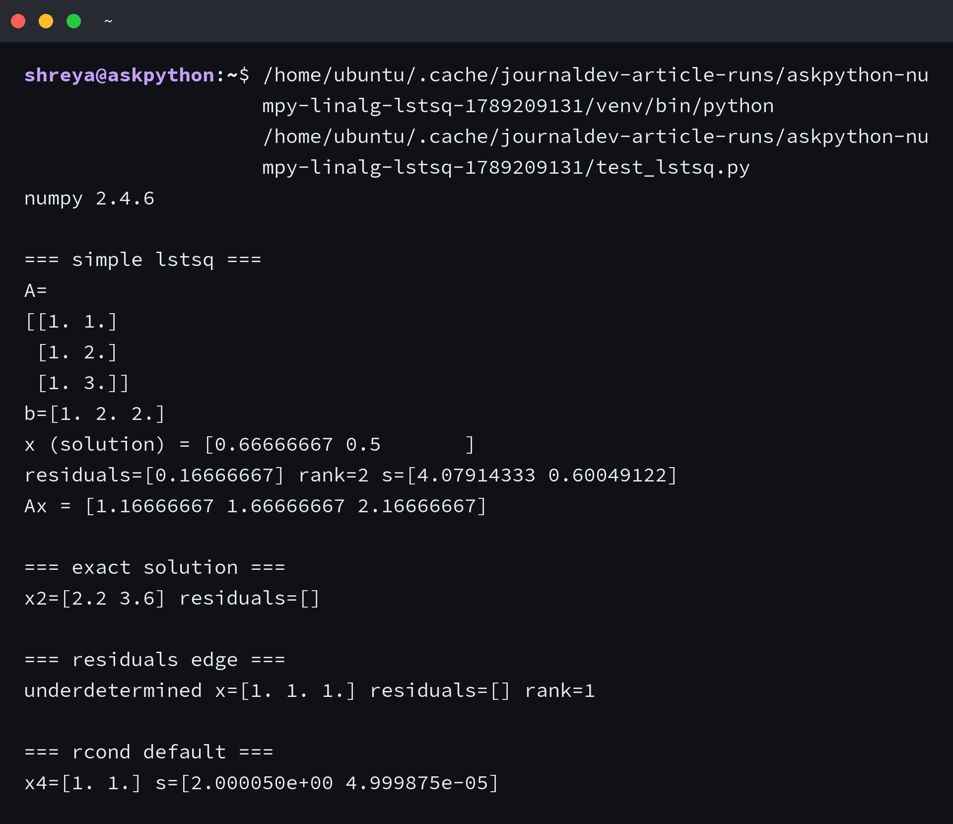 numpy linalg lstsq terminal output showing solution residuals rank