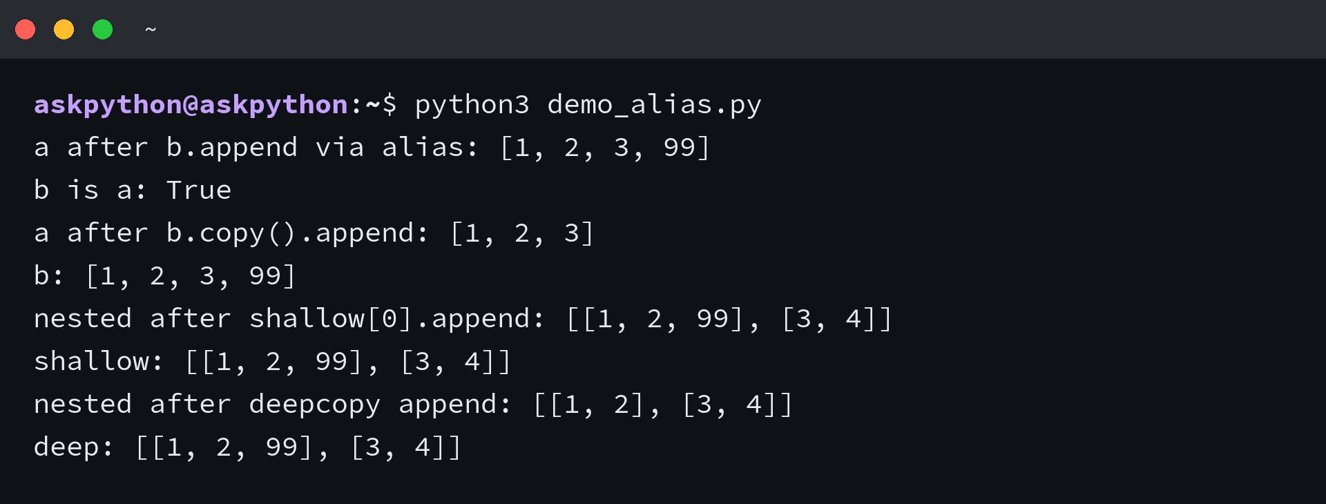 Terminal output showing alias mutation leaking to the original, copy keeping the original intact, and shallow vs deep copy on nested lists