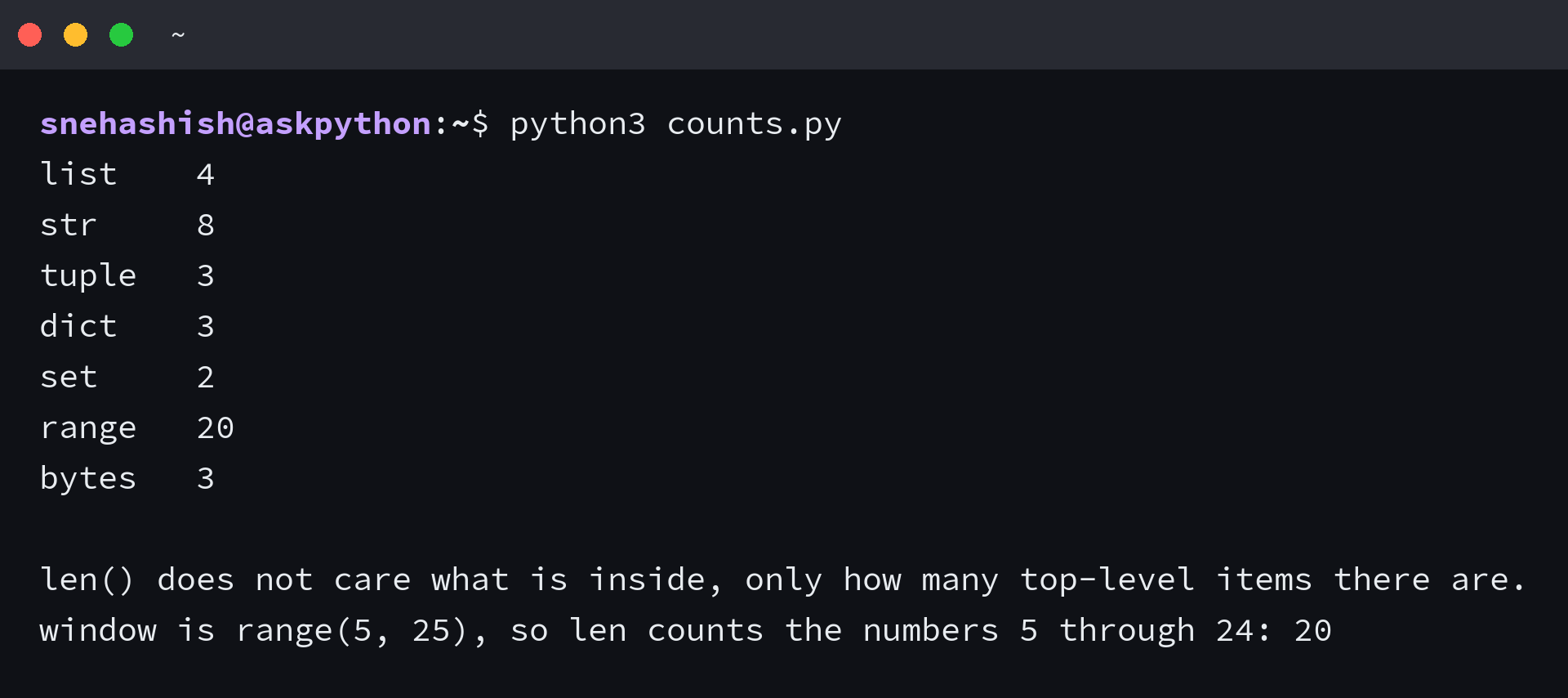 Python terminal output showing len() returning the item count for a list, string, tuple, dict, set, range and bytes object