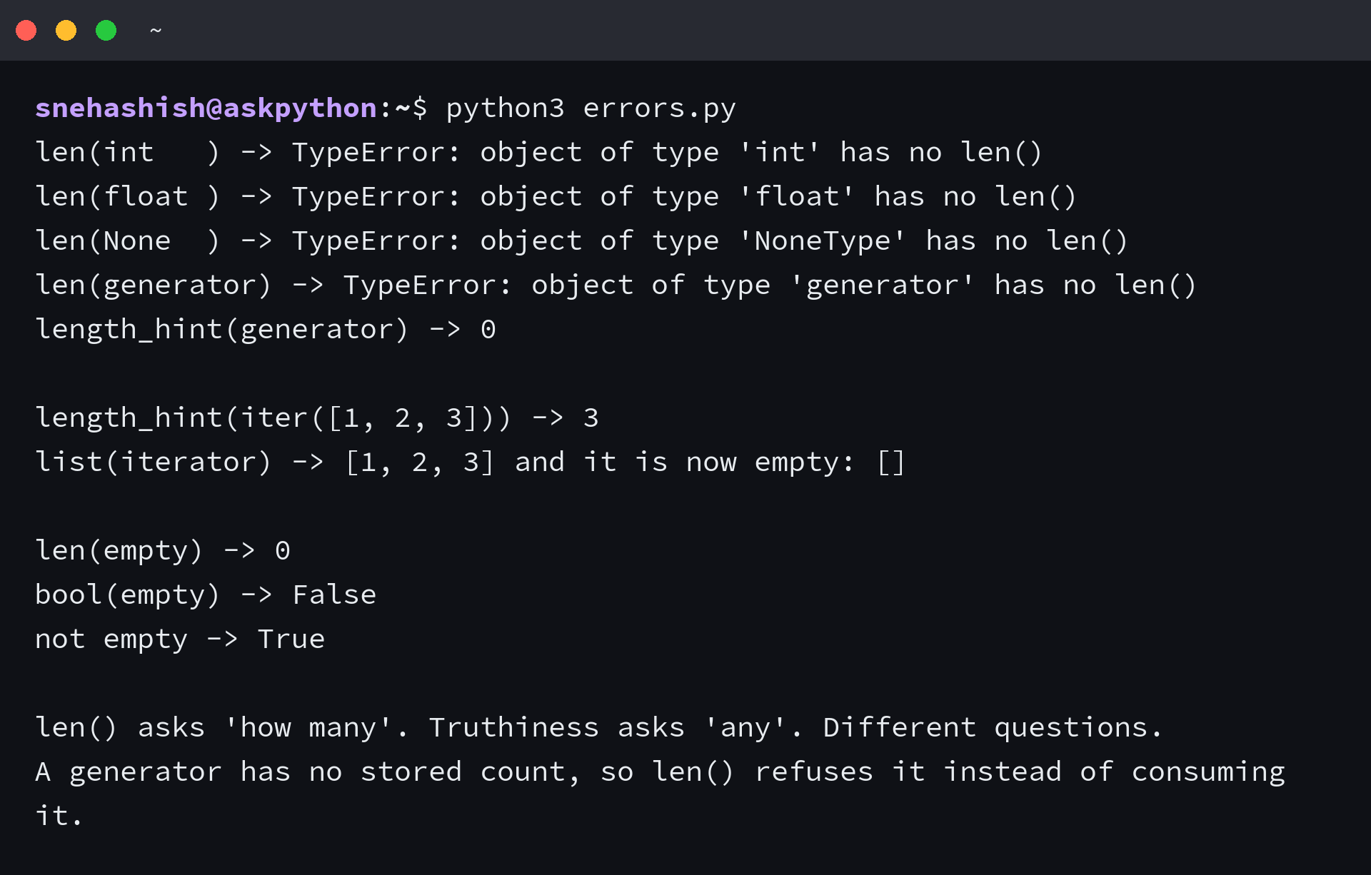 Python terminal output showing TypeError messages from len() on an int, a float, None and a generator, next to operator.length_hint results