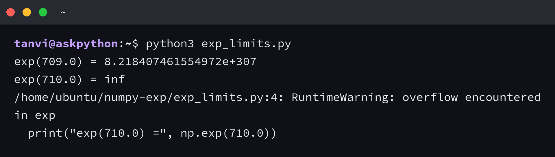 Terminal output showing np.exp(709.0) returning 8.218407461554972e+307 while np.exp(710.0) returns inf with the warning RuntimeWarning: overflow encountered in exp. Command: python3 exp_limits.py.