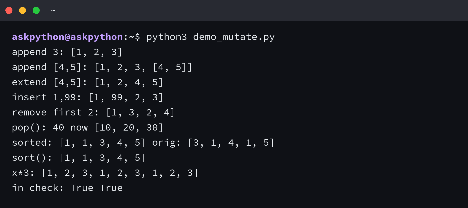 Terminal output showing append adding one item, extend flattening, insert at a position, and remove pop clear del results