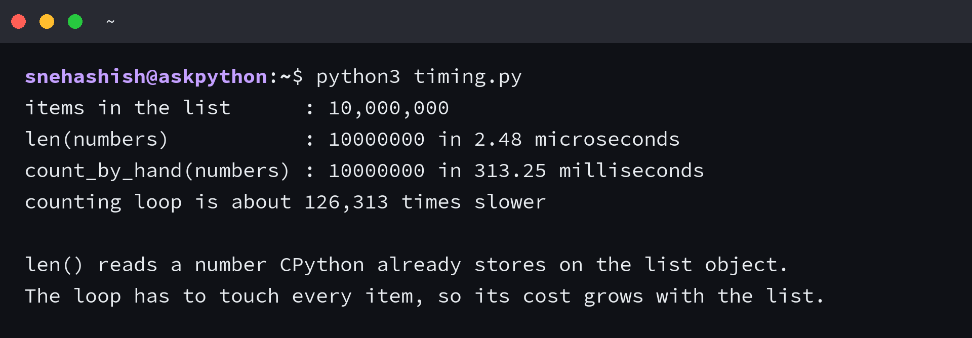 Python terminal output comparing len() at 2.48 microseconds against a counting loop at 313 milliseconds on a list of ten million items