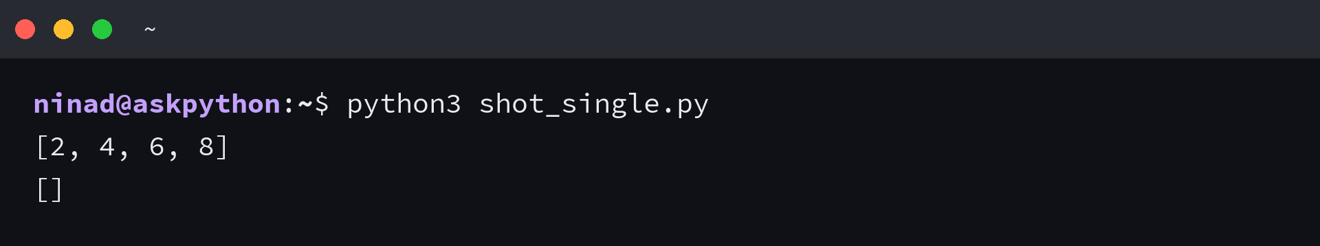 Terminal output showing the first list conversion returning doubled numbers and the second returning an empty list