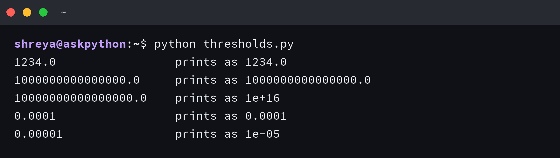 Terminal output showing 1234.0, 1000000000000000.0 and 0.0001 printing in plain decimal while 10000000000000000.0 and 0.00001 print in scientific notation