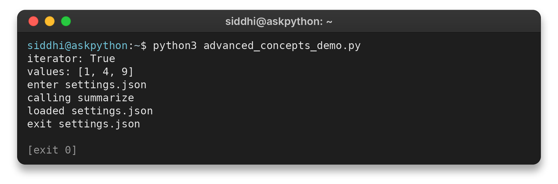 Terminal output from an example using a generator, a decorator, and a context manager