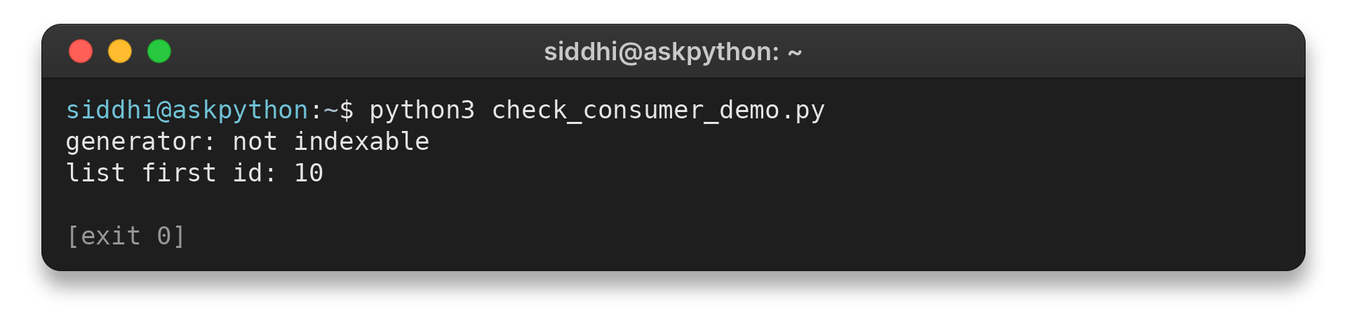 Terminal output checking indexing on a generator and a list
