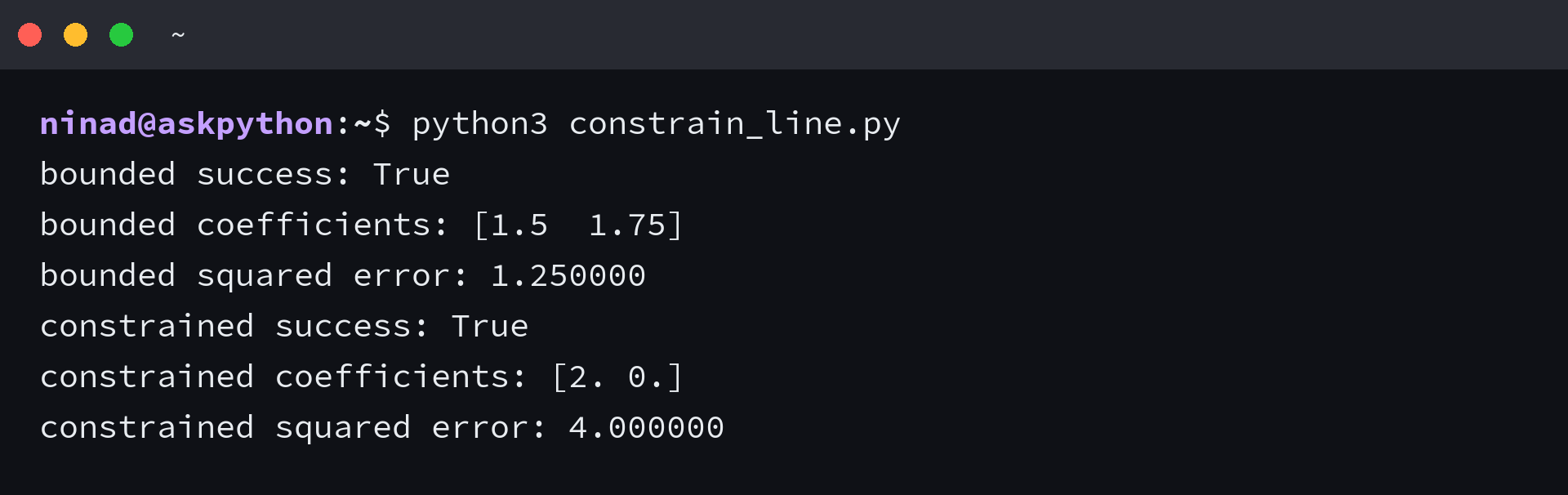 Bounded and equality-constrained fits return different coefficients and squared errors