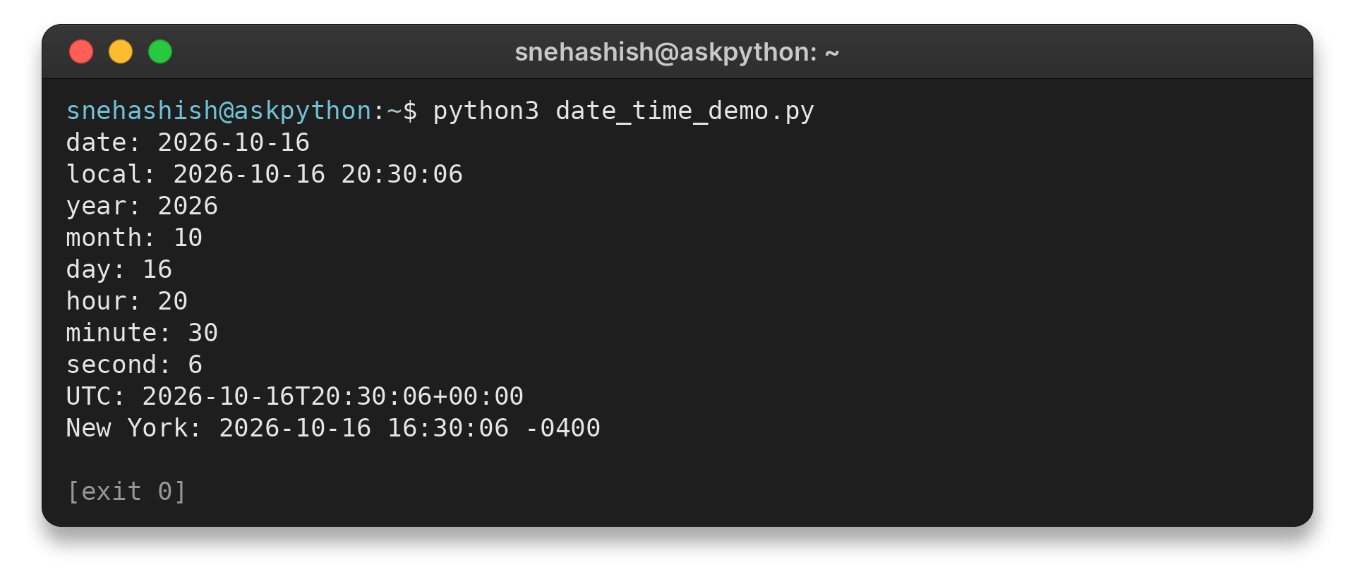 Python output showing the current date and time in local, UTC, and New York zones