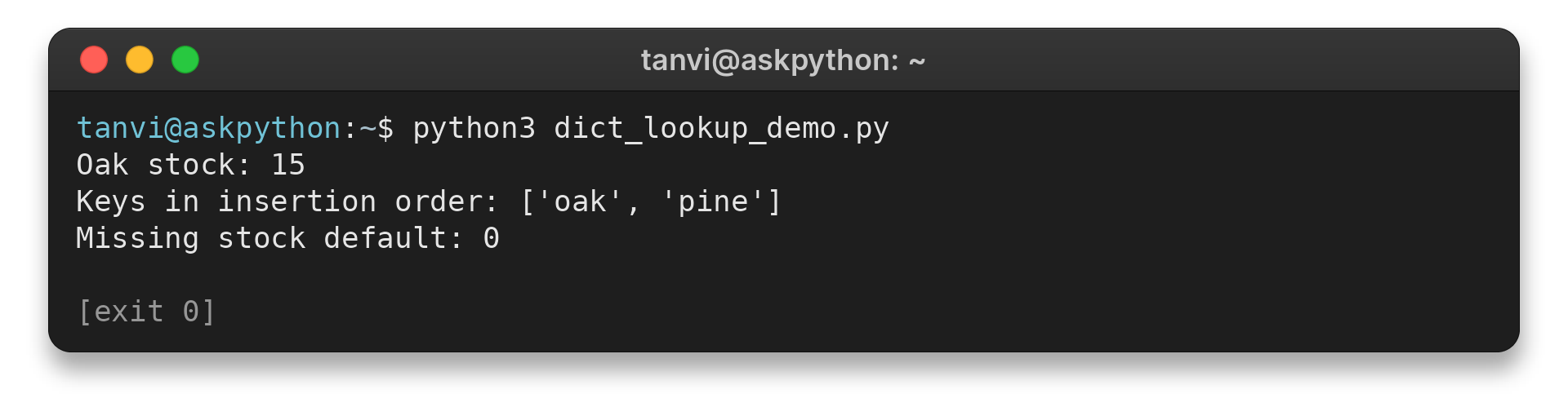 Dictionary value updated, insertion-ordered keys, and a missing-key default