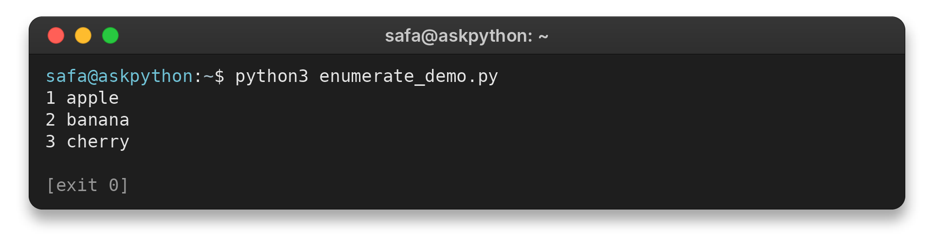 Terminal output showing enumerate pairing positions with apple, banana, and cherry