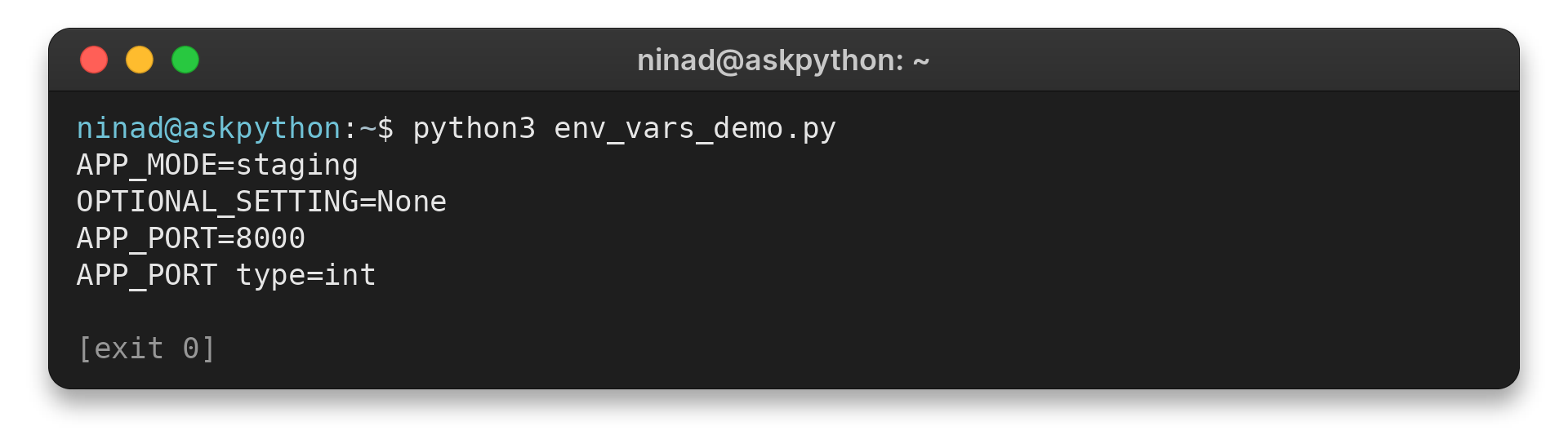 Python terminal showing output from reading environment variables