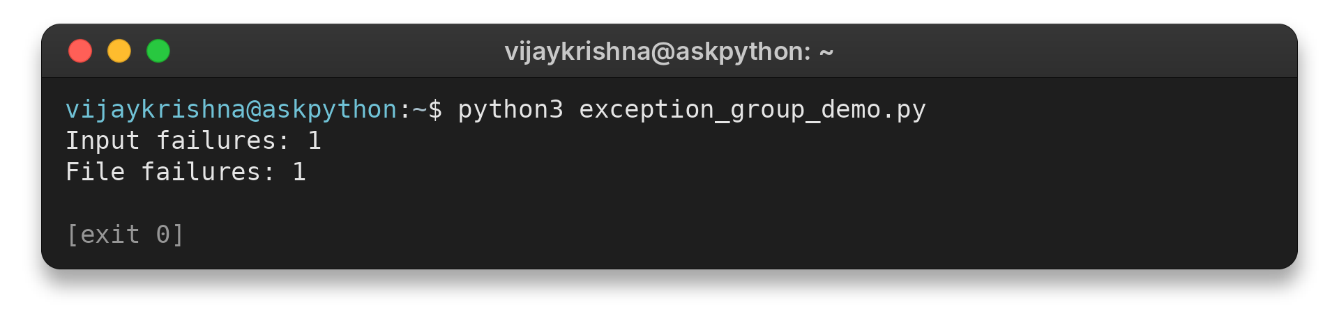 Terminal output showing ValueError and OSError handled with except star